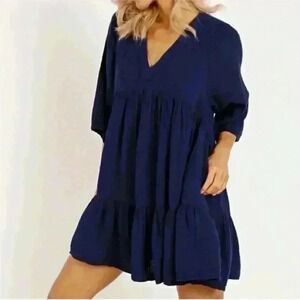 9seed Medium Navy Blue V Neck Dress Short Sleeve Ruffle Tiered Gauze Lagenlook